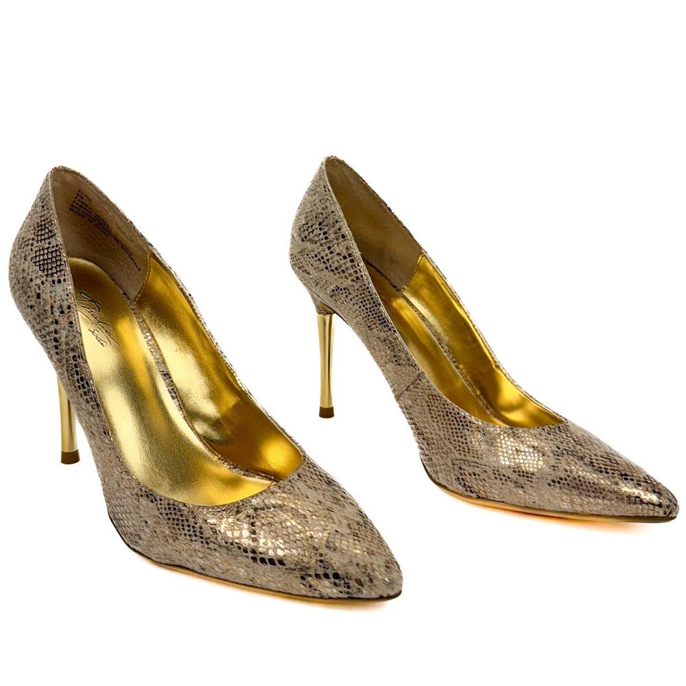 Thalia Sodi Gold Snakesskin Metallic Pointed Nose Stilleto Pums 9M Glam Eclectic